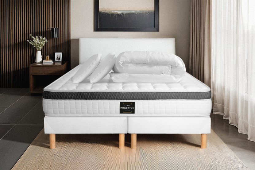 Pack lit complet 200x200 cm - Matelas + 2 Sommiers Blancs + 2 oreillers + Couette - Supérieur