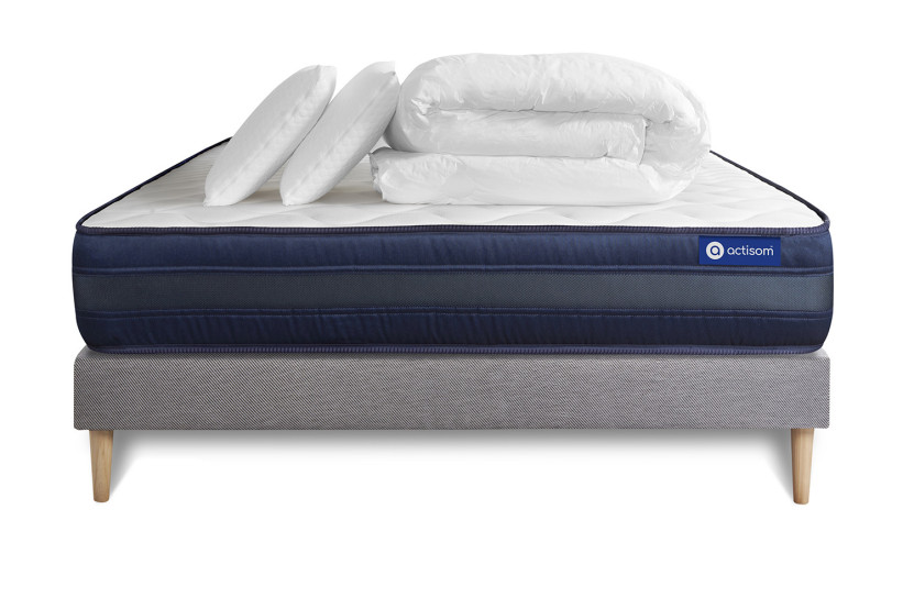 Pack lit complet 200x200 cm - Matelas + Sommier Gris (en kit) + 2 oreillers + Couette - Actiflex Tech
