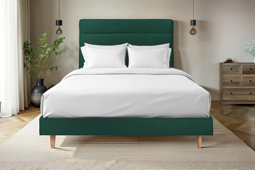 Lit 140x190 cm avec Tête de lit à lignes - Tissu Velours Vert