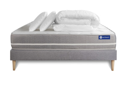 Pack lit complet 200x200 cm - Matelas + Sommier Gris (en kit) + 2 oreillers + Couette - Actilatex Touch