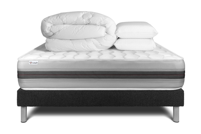 Pack lit complet 140x200 cm - Matelas + Sommier Noir (en kit) + 2 oreillers + Couette - Vitalspring Recover