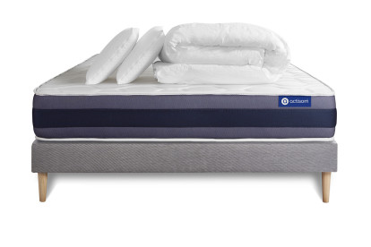 Pack lit complet 140x200 cm - Matelas + Sommier Gris (en kit) + 2 oreillers + Couette - Actimemo Morpho