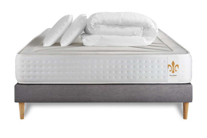 Pack lit complet 160x200 cm - Matelas + Sommier Gris (en kit) + 2 oreillers + Couette - Vingt-Quatre