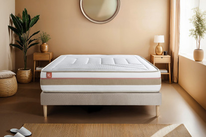 Pack lit complet 140x190 cm - Matelas + Sommier Beige (en kit) + 2 oreillers + Couette - Le Tendre
