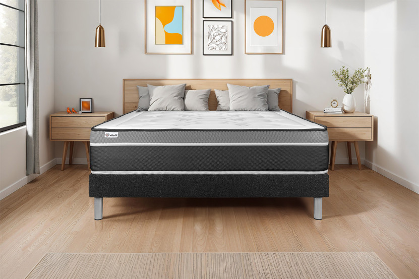 Ensemble Matelas Sommier 140x220 cm - Sommier Noir (en kit) - Vital Care