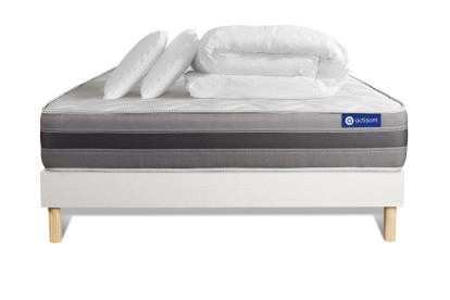 Pack lit complet 200x200 cm - Matelas + Sommier Blanc (en kit) + 2 oreillers + Couette - Actimemo Relax