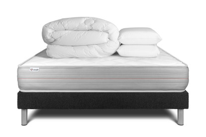 Pack lit complet 140x190 cm - Matelas + Sommier Noir (en kit) + 2 oreillers + Couette - Vitalmemo