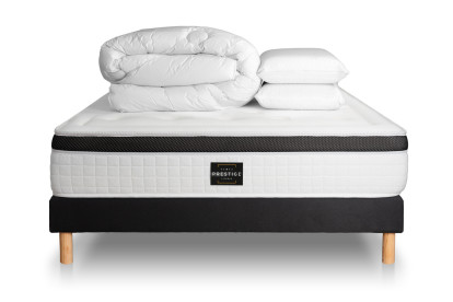 Pack lit complet 160x200 cm - Matelas + Sommier Noir + 2 oreillers + Couette - Privilège