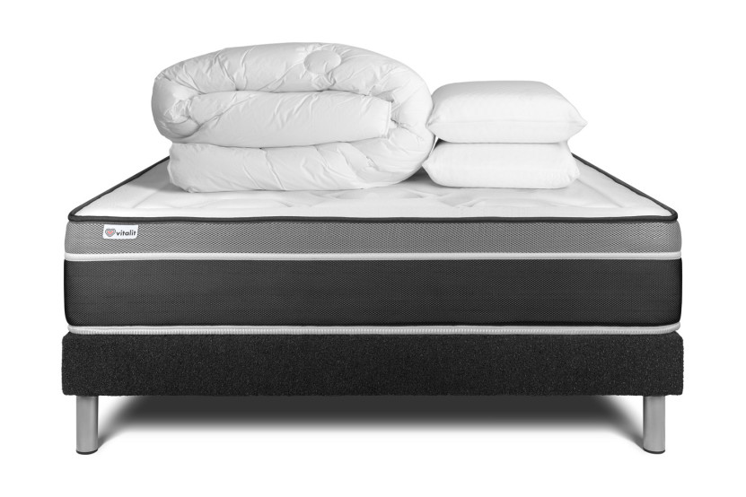 Pack lit complet 200x200 cm - Matelas + Sommier Noir (en kit) + 2 oreillers + Couette - Vital Care