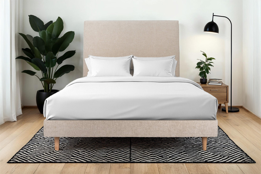 Lit 180x200 cm avec Tête de lit tapissée - Tissu Toile natté Beige Brun