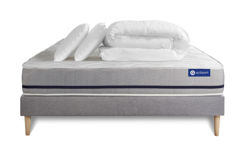 Pack lit complet 160x200 cm - Matelas + Sommier Gris (en kit) + 2 oreillers + Couette - Actilatex Soft