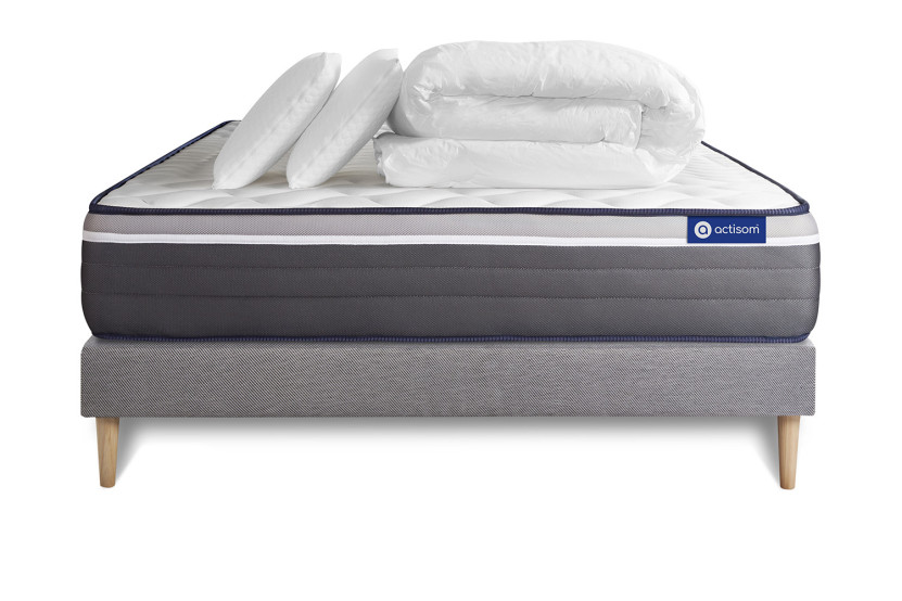 Pack lit complet 140x190 cm - Matelas + Sommier Gris (en kit) + 2 oreillers + Couette - ActiMemo Plus
