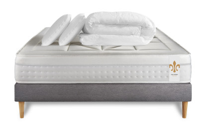 Pack lit complet 180x200 cm - Matelas + Sommier Gris (en kit) + 2 oreillers + Couette - Vingt-Huit