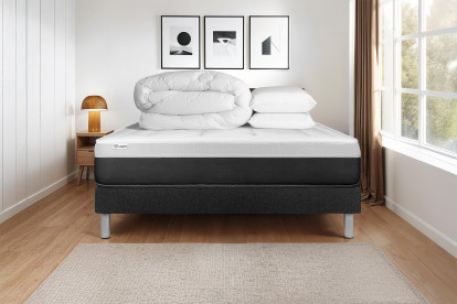 Pack lit complet 140x190 cm - Matelas + Sommier Noir (en kit) + 2 oreillers + Couette - Vital Form