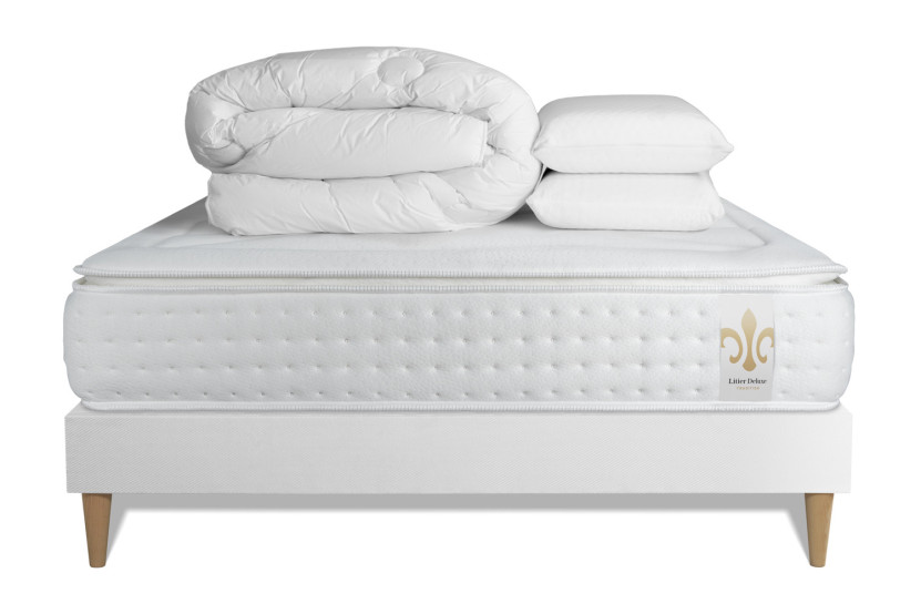 Pack lit complet 160x200 cm - Matelas + Sommier Blanc (en kit) + 2 oreillers + Couette - Vingt-Quatre PLUS