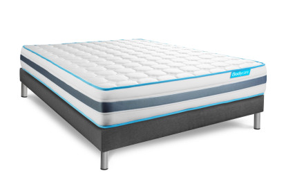Pack lit complet 140x190 cm - Matelas + Sommier Gris + 2 oreillers + Couette - Bodyzone