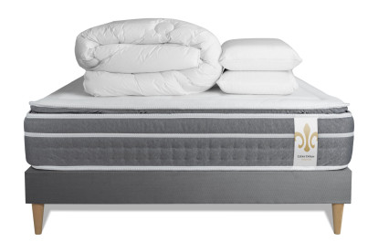 Pack lit complet 140x190 cm - Matelas + Sommier Gris + 2 oreillers + Couette - Trente PLUS