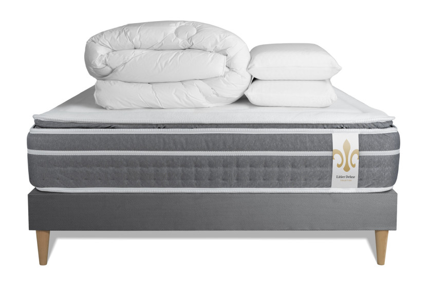 Pack lit complet 140x190 cm - Matelas + Sommier Gris + 2 oreillers + Couette - Trente PLUS