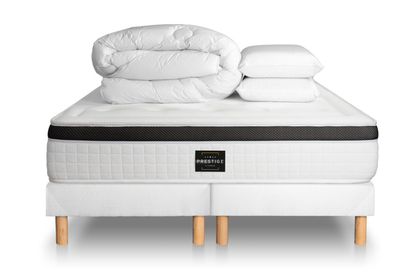 Pack lit complet 200x200 cm - Matelas + 2 Sommiers Blancs + 2 oreillers + Couette - Privilège