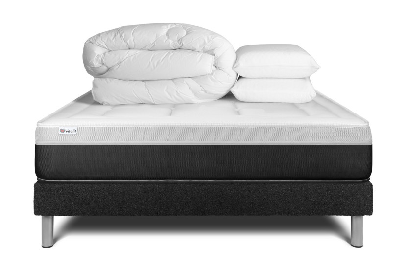 Pack lit complet 200x200 cm - Matelas + Sommier Noir (en kit) + 2 oreillers + Couette - Vital Form