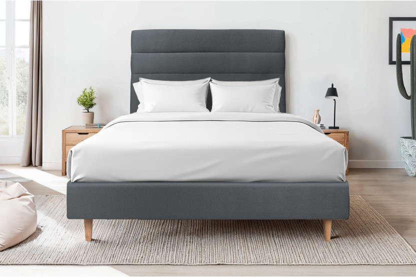 Lit 135x190 cm avec Tête de lit à lignes - Tissu Velours Gris Anthracite
