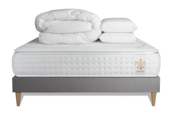 Pack lit complet 140x200 cm - Matelas + Sommier Gris (en kit) + 2 oreillers + Couette - Vingt-Quatre PLUS