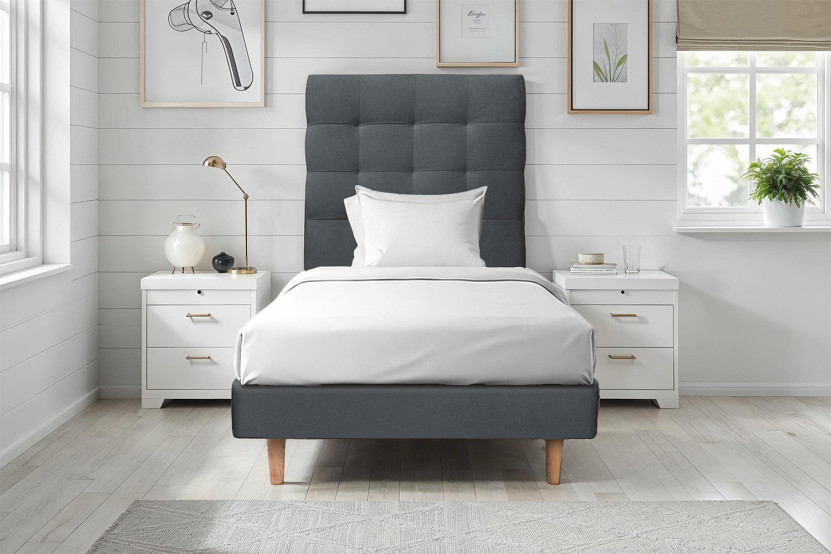 Lit 90x200 cm avec Tête de lit capitonnée - Tissu Velours Gris Anthracite
