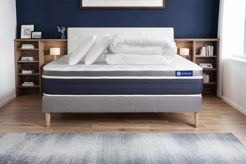 Pack lit complet 140x190 cm - Matelas + Sommier Gris (en kit) + 2 oreillers + Couette - Actilatex Confort