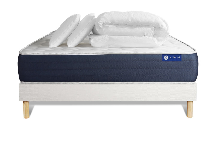 Pack lit complet 200x200 cm - Matelas + Sommier Blanc (en kit) + 2 oreillers + Couette - Actiflex Sleep