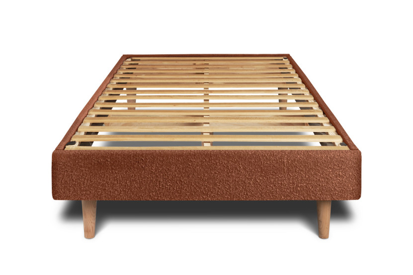 Lit 90x190 cm avec Tête de lit à lignes - Tissu Bouclette Terracotta