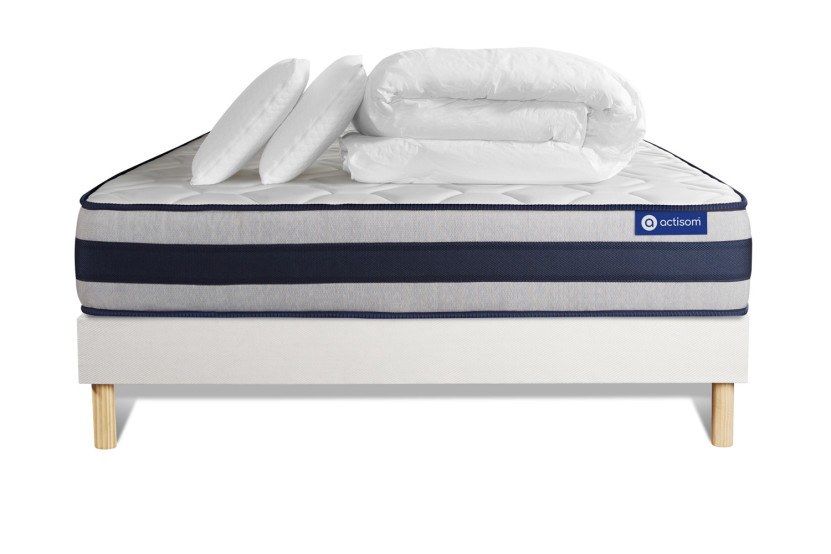 Pack lit complet 180x200 cm - Matelas + Sommier Blanc (en kit) + 2 oreillers + Couette - Actiflex Ergo