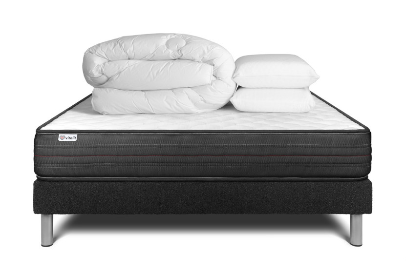 Pack lit complet 140x200 cm - Matelas + Sommier Noir (en kit) + 2 oreillers + Couette - Vitalpower