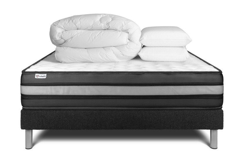 Pack lit complet 140x190 cm - Matelas + Sommier Noir (en kit) + 2 oreillers + Couette - Vital Power Zen