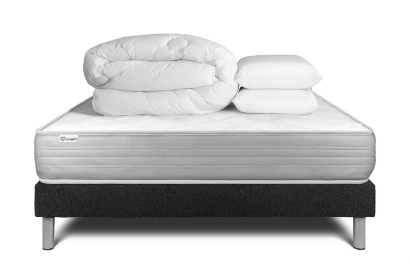 Pack lit complet 140x200 cm - Matelas + Sommier Noir (en kit) + 2 oreillers + Couette - Vitalmemo