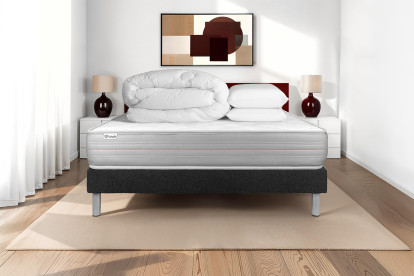 Pack lit complet 160x200 cm - Matelas + Sommier Noir (en kit) + 2 oreillers + Couette - Vitalmemo