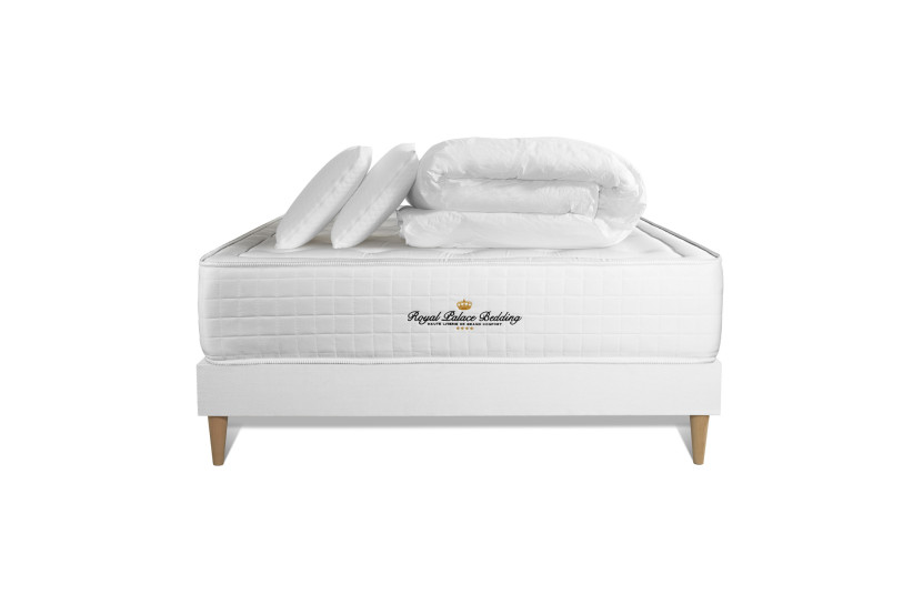 Pack lit complet 200x200 cm - Matelas + Sommier Blanc (en kit) + 2 oreillers + Couette - Buckingham