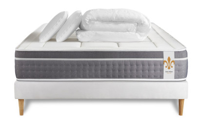 Pack lit complet 200x200 cm - Matelas + Sommier Blanc (en kit) + 2 oreillers + Couette - Trente