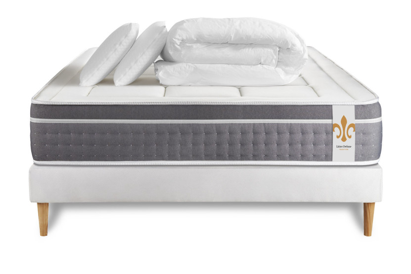 Pack lit complet 200x200 cm - Matelas + Sommier Blanc (en kit) + 2 oreillers + Couette - Trente