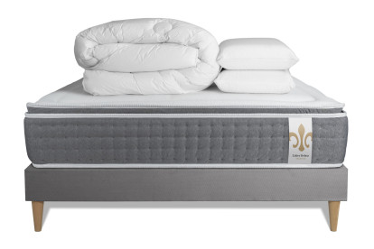 Pack lit complet 160x200 cm - Matelas + Sommier Gris (en kit) + 2 oreillers + Couette - Vingt-Six PLUS