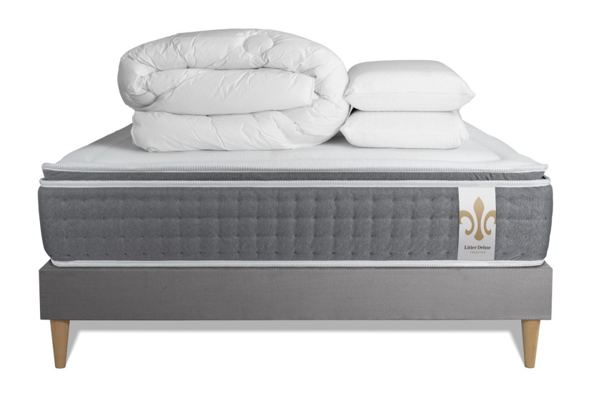 Pack lit complet 160x200 cm - Matelas + Sommier Gris (en kit) + 2 oreillers + Couette - Vingt-Six PLUS