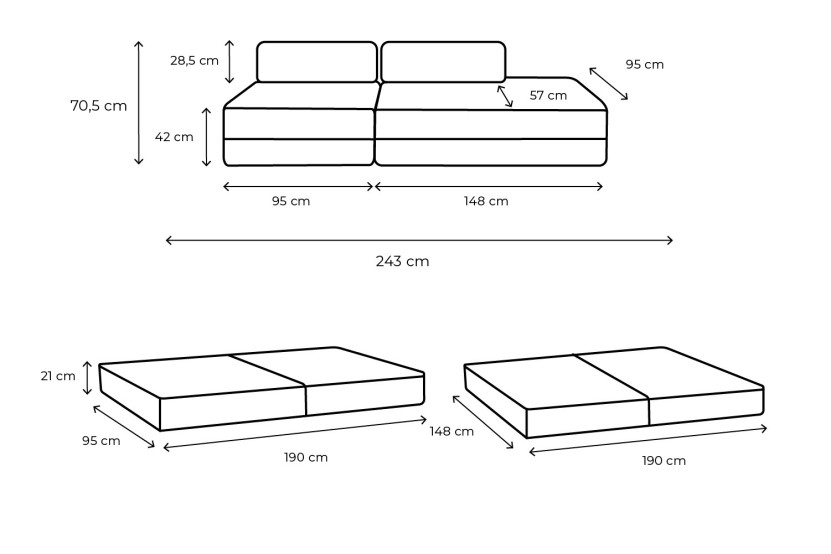Canapé droit convertible 3 places - Tissu lisse - Rose