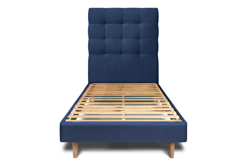Lit 90x190 cm avec Tête de lit capitonnée - Tissu Velours Bleu Océan