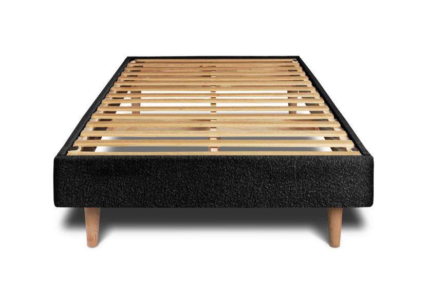 Lit 90x190 cm avec Tête de lit à lignes - Tissu Bouclette Noir