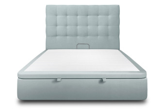 Lit coffre 140x190 cm avec Tête de lit capitonnée - Tissu Velours Gris Bleuté