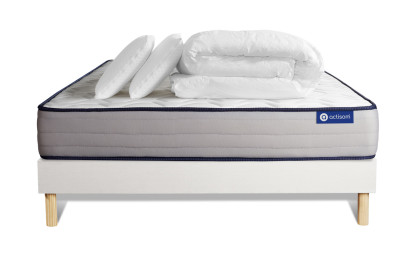 Pack lit complet 160x200 cm - Matelas + Sommier Blanc (en kit) + 2 oreillers + Couette - Actimemo Form