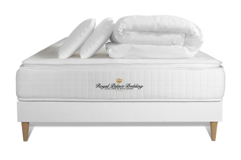 Pack lit complet 160x200 cm - Matelas + Sommier Blanc + 2 oreillers + Couette - George V