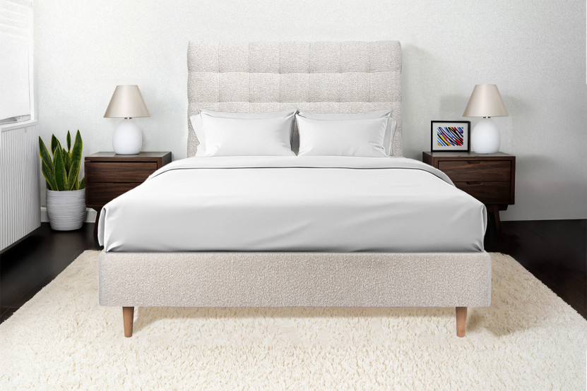 Lit 150x200 cm avec Tête de lit capitonnée - Tissu Bouclette Beige Clair