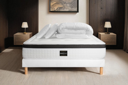 Pack lit complet 200x200 cm - Matelas + Sommier Blanc (en kit) + 2 oreillers + Couette - Privilège