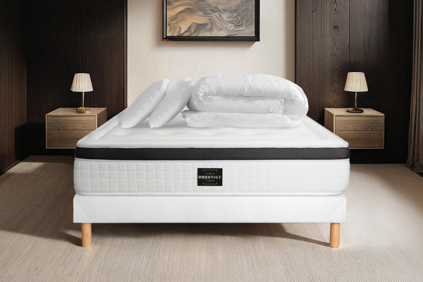 Pack lit complet 200x200 cm - Matelas + Sommier Blanc (en kit) + 2 oreillers + Couette - Privilège