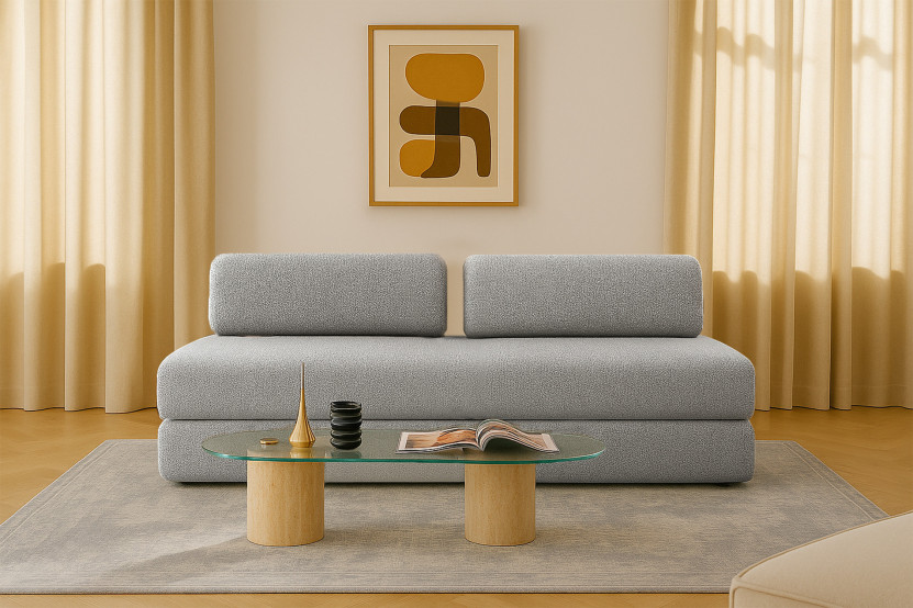 Canapé droit convertible 3 places - Tissu tweed - Gris